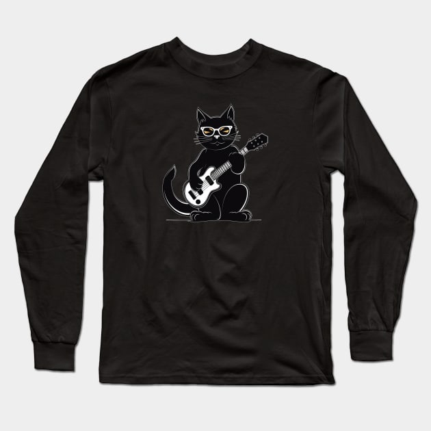 Cat playing guitar Long Sleeve T-Shirt by Onceer